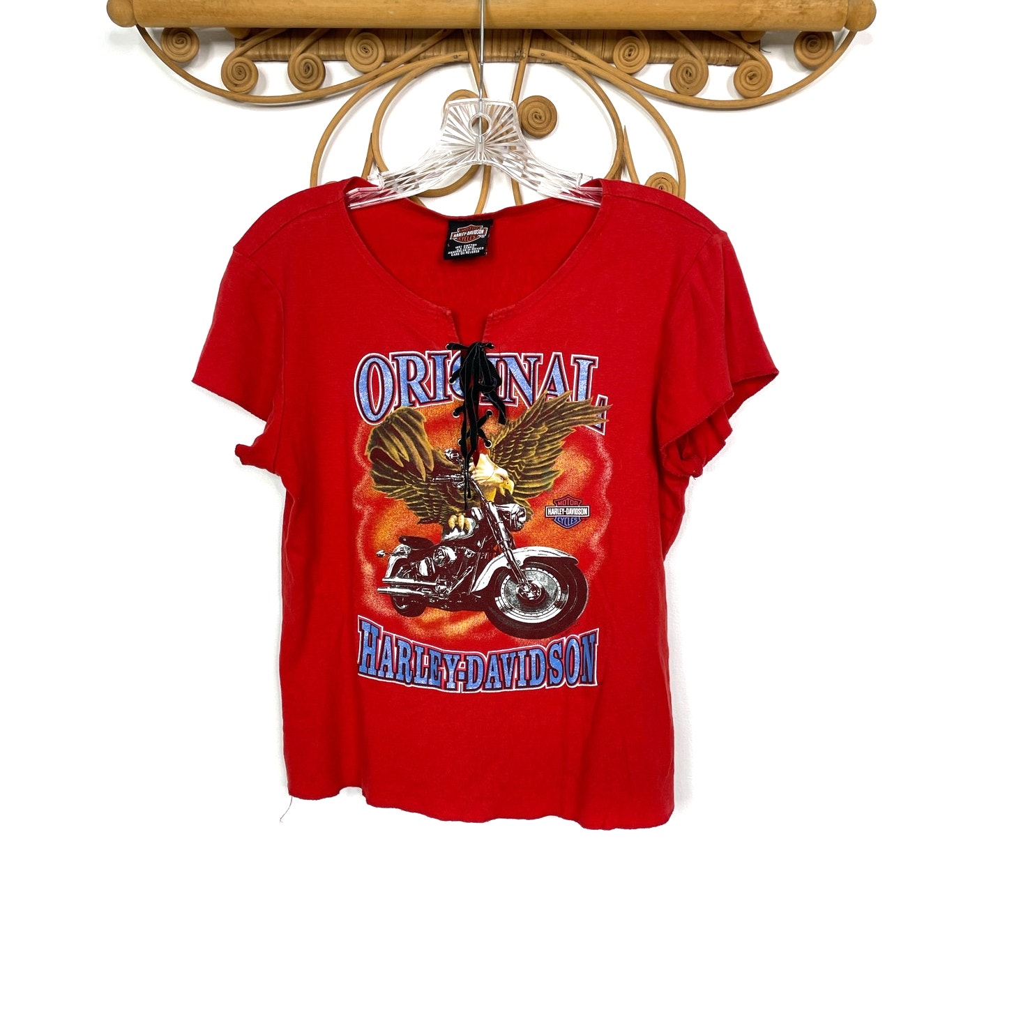 Harley Davidson Eagle Graphic Biker Lace Up T-Shirt Red Ocean State L